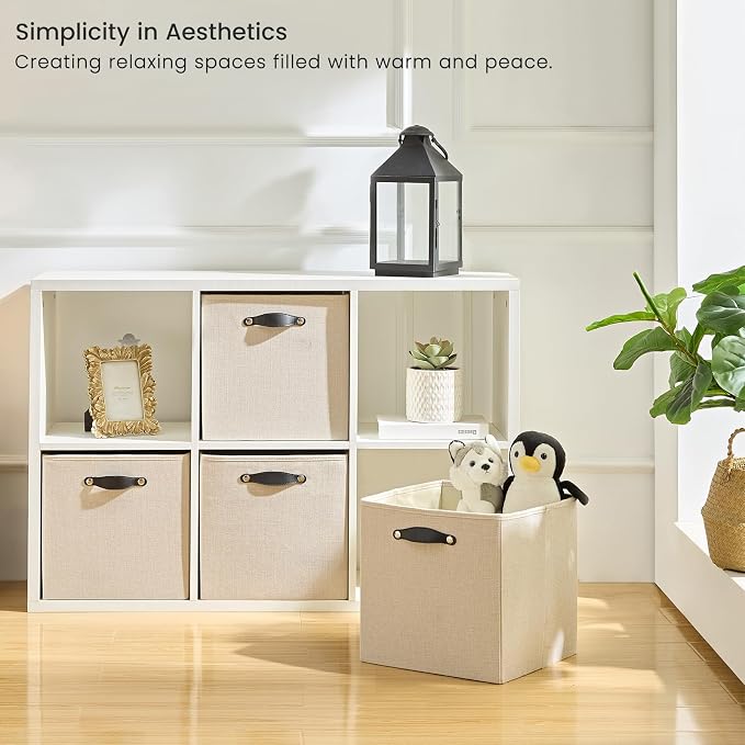 Cube Storage Bins | 11.8"x11.8"x11.8", Beige, 6 Pack | Multi-Size | 2X Thick Support Board | Vegan Leather Handles | 7.7 oz/yd² Fabric | 12"x12" Drawer Insert Basket