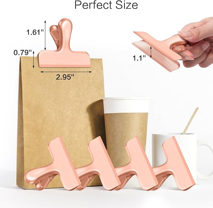 Chip Clips, 12 Pack Bag Clips, Stainless Steel Chip Clip, Metal Clip for Food, Air Tight Seal Great for Kitchen Home Office (Rose Gold)