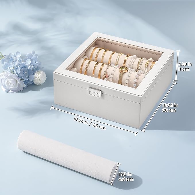 Lolalet Bracelet Display Holder with Rods for Bangles Watches, Clear Lid Jewelry Organizer Box Storage Case for Women Girls -White, 3 Rolls
