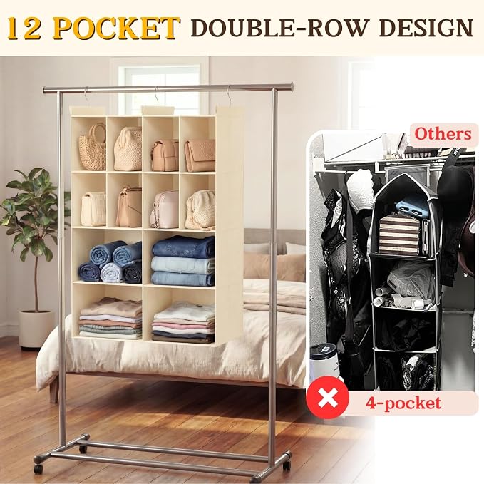 Ofiray-home 4 Tier Hanging Closet Organizer, 12 Compartments Sweater Organizer for Closet with 3 Sturdy Hooks, Closet Organizers and Storage, Wardrobe, Rv, Garment Rack, Beige