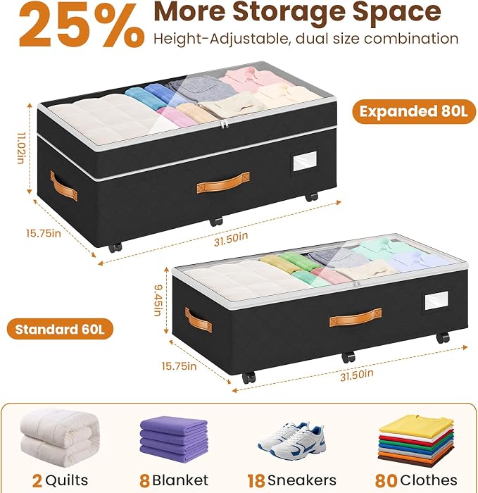 Budding Joy Under Bed Storage with Wheels 2Pack, 80L- Height Adjustable Underbed Containers with Clear Lids, Rolling Under Bed Shoe Storage Organizer for Dorm Home Clothes, Blankets, Toys, Black