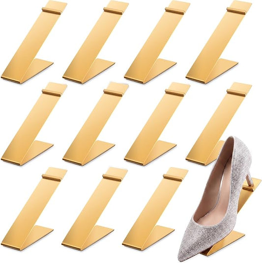 Therwen 12 Pcs Gold Shoe Display Stand Shoe Rack Stainless Steel Golden Metal Riser High Heel Display Rack Holder for Home Shopping Malls (Shape V,Golden)