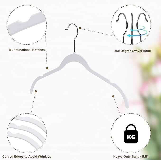 Quality Hangers Clothes Hangers 200 Pack - Non-Velvet Plastic Hangers for Clothes -Heavy Duty Coat Hanger Set -Space-Saving Closet Hangers with Chrome Swivel Hook, Non-Flocked Hangers (200, White)