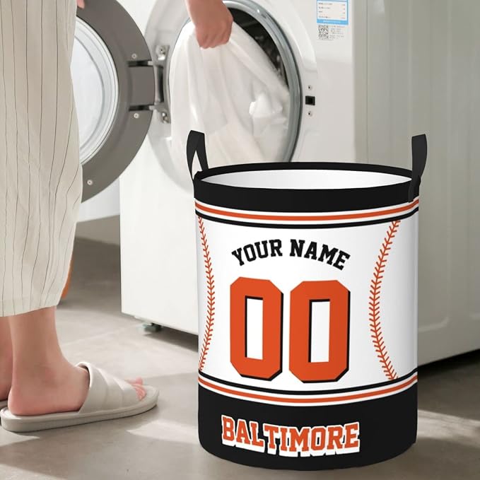 Custom Baltimore Laundry Hamper Personalized Laundry Basket Customized Name And Number Collapsible Storage Basket for Bedroom Bathroom Living Room Baseball Fan Gifts