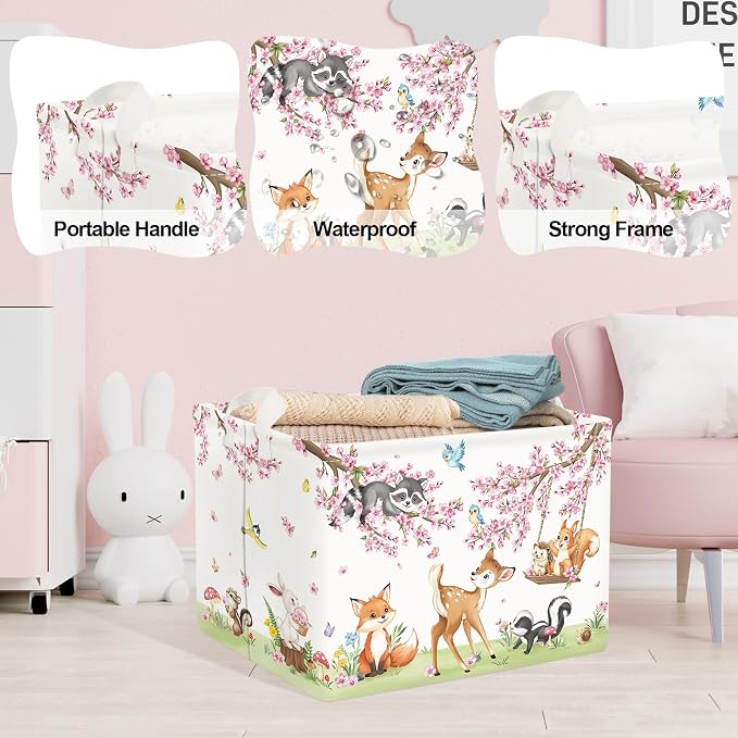 Clastyle Forest Animal Baby Storage Basket Leaf Kid Laundry Hamper Boy Girl Gift Toy Box Collapsible Clothes Organizer Nursery Bin for Bedroom, Cherry Deer, 40x30x30 cm