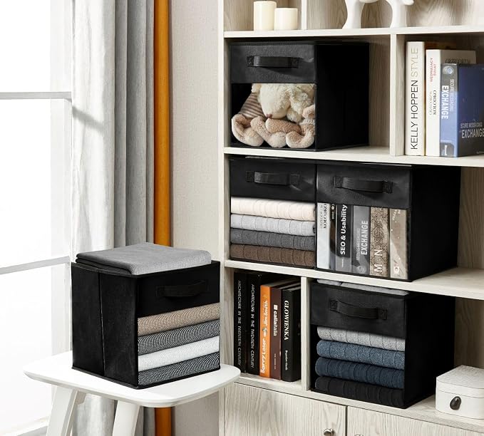 DECOMOMO Storage Bins, Cube Storage Bin with Window | 13" Cube, 6 Pack, Fabric Storage Cubes for Shelves (Black)