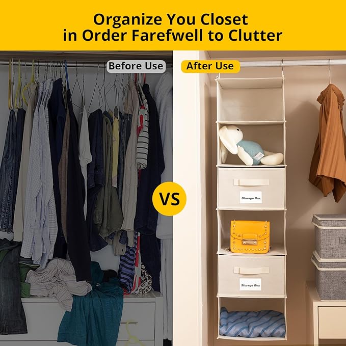 BrilliantJo 2 Pack 6 Shelves Hanging Closet Organizer with 2 Drawer, Hanging Storage with 4 Side Pockets for Clothes Shoes, 43.5"x12"x12"(Beige)