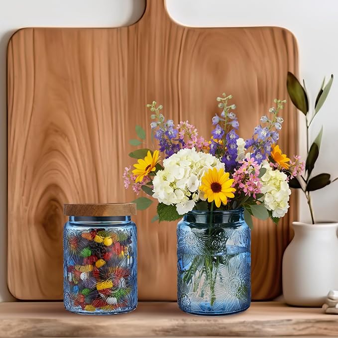 LemonRoad 2 Pcs Vintage Blue Glass Storage Jars 23.7 oz Mason Jar Canister with Wood Lids Food Storage Container for Cookie, Pantry, Candy Kitchen, Coffee, Tea, Flour, Sugar, Decorative Home Decor