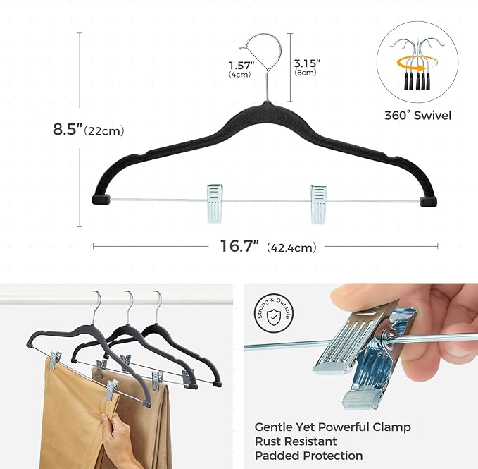 HOUSE DAY Velvet Hangers with Adjustable Clips 20 Pack, Non-Slip Suit Organizer with 360° Hook - Heavy Duty Hanger for Pants, Skirts, Blouses, Dresses - Outfit Hangers All-Season Space Saver (Black)