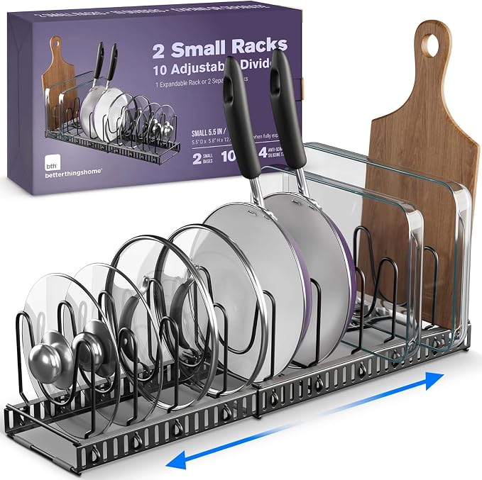 Better Things Home 5.5” Wide 12-Slot Adjustable Pot Lid Organizer with Scratch-Free Pads, Expandable Pot Lid Holder Rack for Cabinet, Small to Medium Pots and Pans Organizer Inside Cabinet