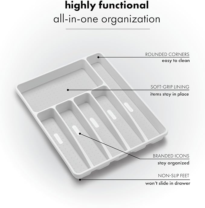 madesmart Classic Large Silverware Tray - White |Classic Collection | 6-Compartments| Kitchen Drawer Organizer | Soft-Grip Lining and Non-Slip Rubber Feet | BPA-Free (Pack of 6)