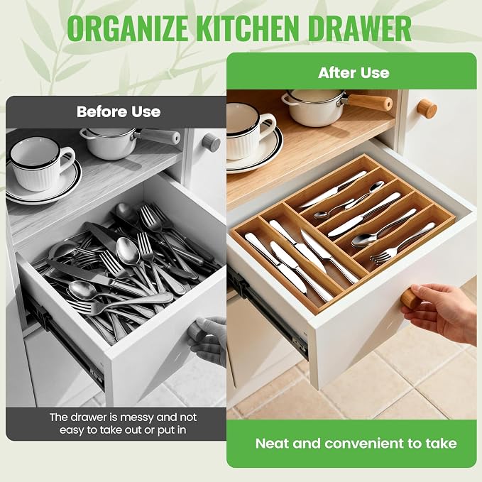 Bamboo Silverware Organizer, 12 Inch Bamboo Kitchen Drawer Cutlery Organizer, Utensil Holder, Flatware Organizer Tray (15.8"x11.9"x1.6")
