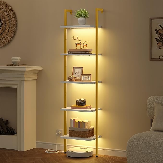 Tajsoon 5 Tier Ladder Shelf with Light, Wooden Wall Mounted Book Shelf, Wall Mounted Ladder Bookshelf with Metal Frame, Industrial Ladder Bookshelf for Office, Living Room, Bedroom, Gold & White