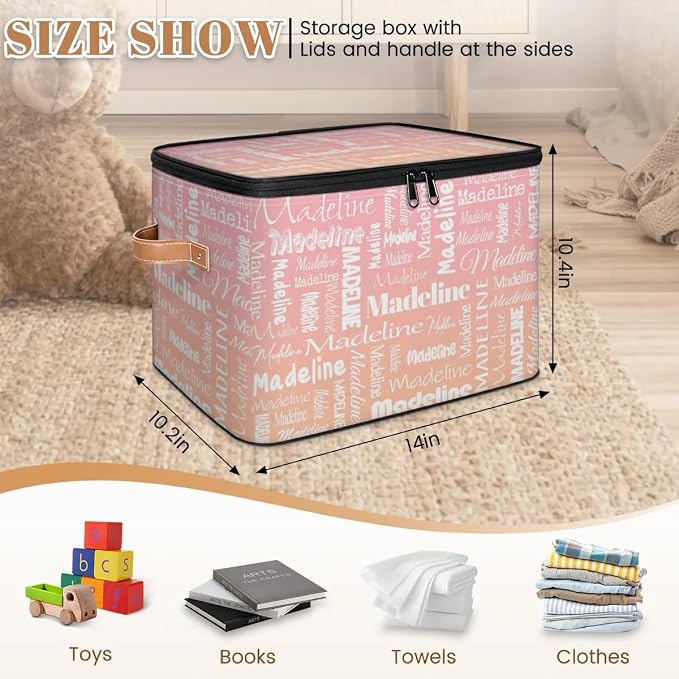 Custom Storage Basket with Name, Personalized Keepsake Box with Zipper Lid, Foldable Fabric Memory Bin Large capacity with Handle Pink Orange