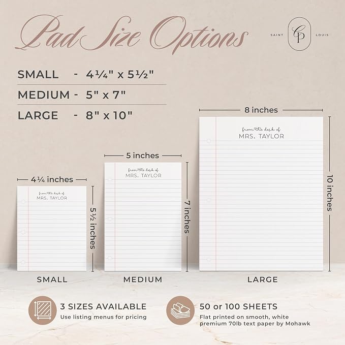 Curio Press Personalized Notepad 50 or 100 Sheets, Custom Stationery Note Pad 3 Sizes - To Do Lists End-of-Year Teacher Gifts Appreciation Note with Name Teacher Stationery Gifts - Notepaper Pad