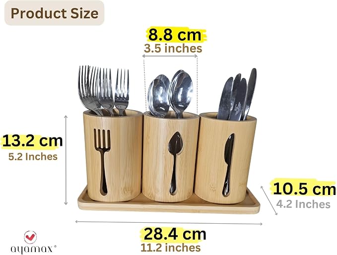 Bamboo Cutlery Holder Set - 3 Kitchen Utensils Holder Organiser with Bamboo Tray | Decorative Kitchen Countertop Stand | Knife, Fork and Spoon Holders