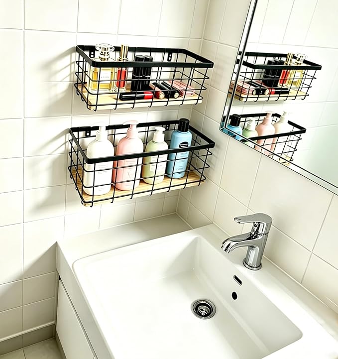 ShabbyDecor Metal Wire Basket for Kitchen Cabinets,Pantry,Bathroom,Set of 2 | Detachable Wood Base Metal Storage Organizer, Farmhouse Hanging Basket