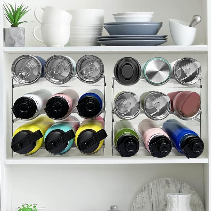 Spaclear 6 Pack Water Bottle Organizer, Stackable Kitchen Home Pantry Organization and Storage Shelf, Plastic Water Bottle Holder for Kitchen Cabinet Storage, Wine Tumbler Travel Mug Cup Organizer