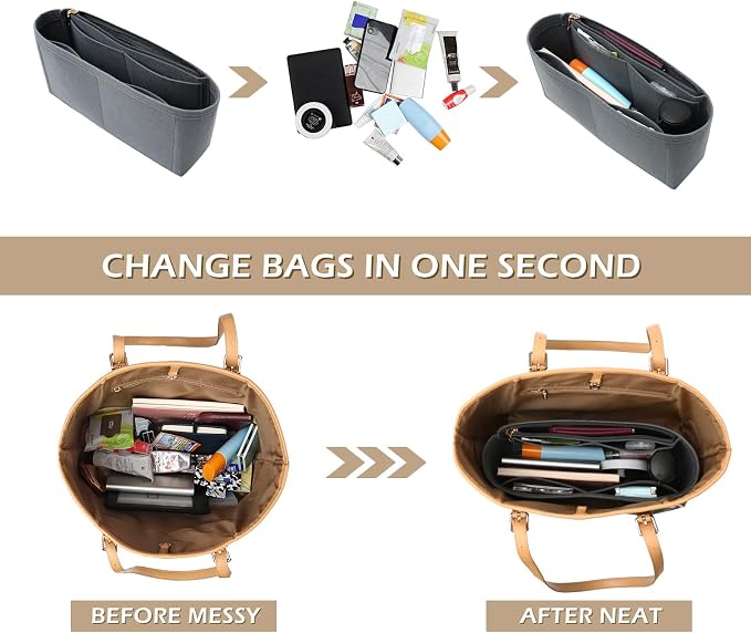 Surblue Purse Organizer Insert for Handbags, Felt Bag Organizer with Zippers Handbag Shaper Pouch for Classic 19 Flap Bag, Marmont, Onthego,（Grey, Slender M）