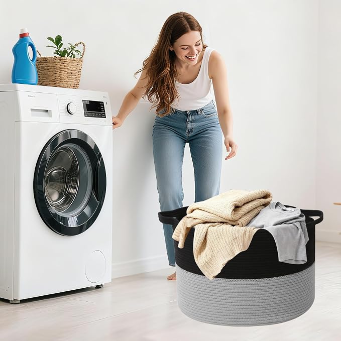 90L Extra Large Blanket Basket,Woven Laundry Basket Hamper with Handles, Decorative Nursery Basket Storage Bin for Toys, Clothes Organizer, Living Room, Bedroom, Bathroom, Black&Light Grey