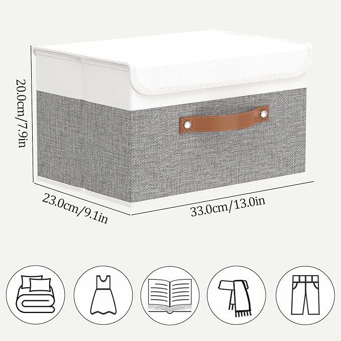 OUTBROS Large Foldable Storage Bins, Linen Fabric Box with Lid, Organiser for Shelves, Cubes For Towels, Clothes, 13 x 9.1 x 7.9 inch (White/Grey, 1-Pack) | Linen Fabric Box with Lid, Organiser for Shelves, Cubes For Towels, Clothes