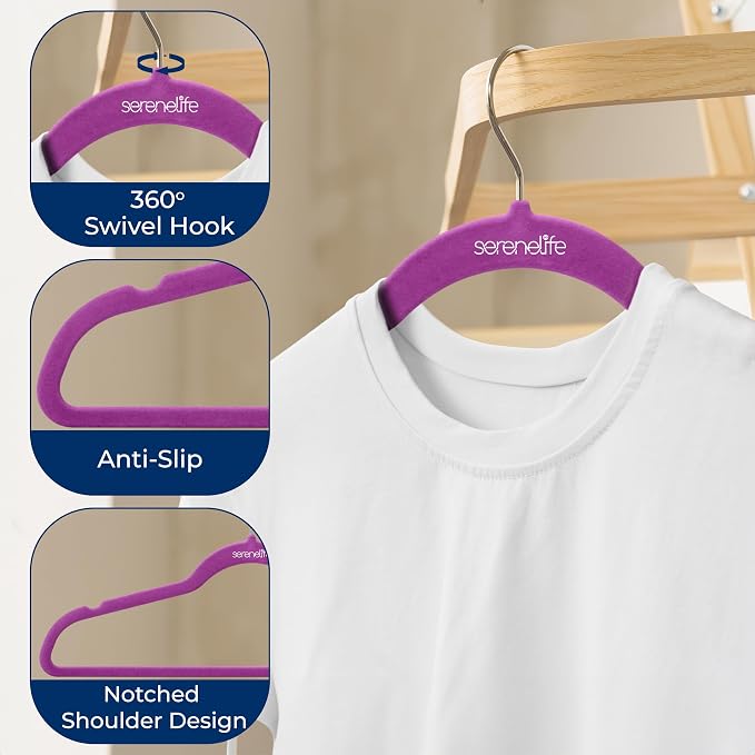 SereneLife Velvet Hangers – 10 Pack, Slim & Space Saving for Closets | Soft velvet grip prevents slipping on silk, satin & knitwear – 360° swivel hook fits all standard closet rods