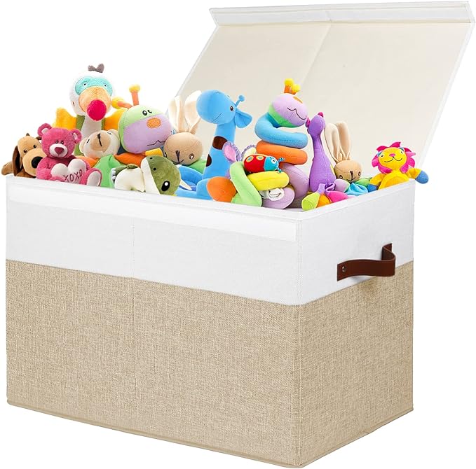Gowee Large Toy Storage Box with Lid, Sturdy Toys Storage Chest Bin Organizer Basket with Dividers for Kids, Boys, Girls, Nursery, Closet, Bedroom, Playroom 25"x13" x16" (Beige and White)