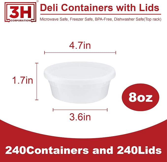 8 oz Food Storage Containers with Lids (240 Set/480 Piece) Small Deli Containers for soup, Freezer Microwave Safe, BPA-Free Plastic, Stackable Snack Leakproof Leftover Organizers