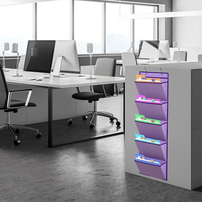 Wall Mounted Hanging Mail Organizer Back to School Paper Organizer File Holder for Classroom Office Organization (5 POCKETS-PURPLE)
