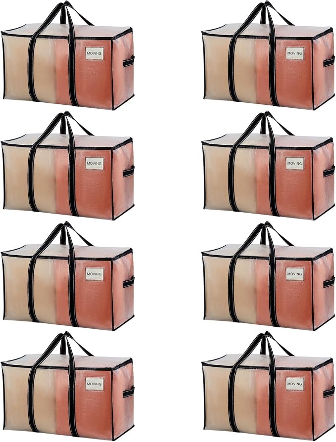VENO 8 Pack Clear Moving Bags Heavy Duty, 90L Extra Large Transparent Storage Bags, 50lbs Loads, Zippers, Handles & Tag, Moving Boxes Alternative for College Dorm Essentials, Closet