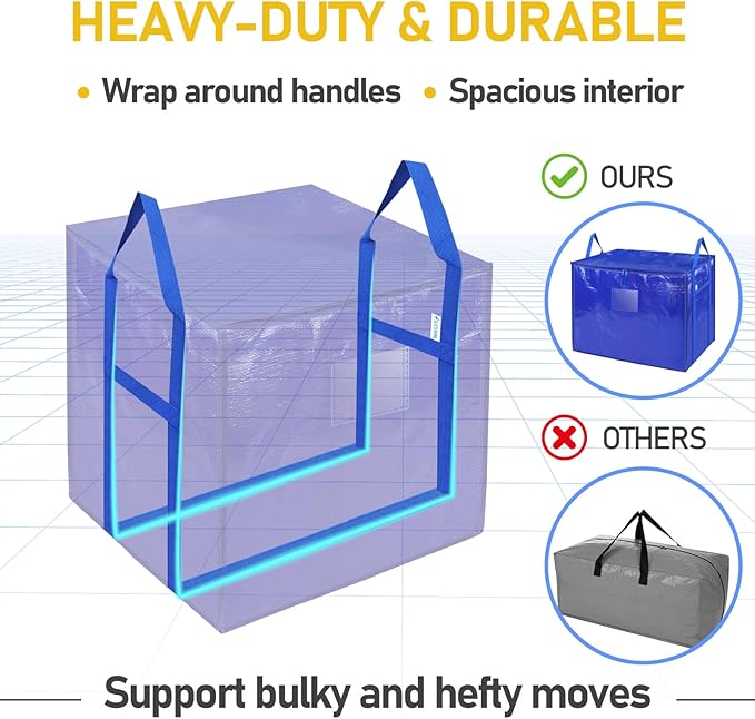 TICONN 6 Pack Extra Large Moving Bags with Zippers & Carrying Handles, Heavy-Duty Storage Tote Moving Boxes for Space Saving (6 PK, 45 Gallon)