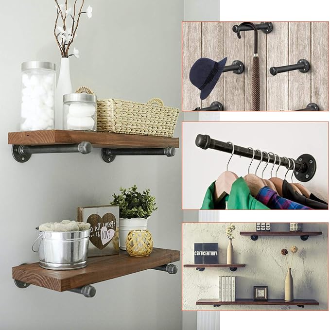 1/2" Industrial Black Iron Pipe Shelf Brackets, Rustic Wall Mounted DIY Shelving Bracket Hanging Custom Pipe Brackets for Floating Shelves (12 Inch, Piece, 2.0)