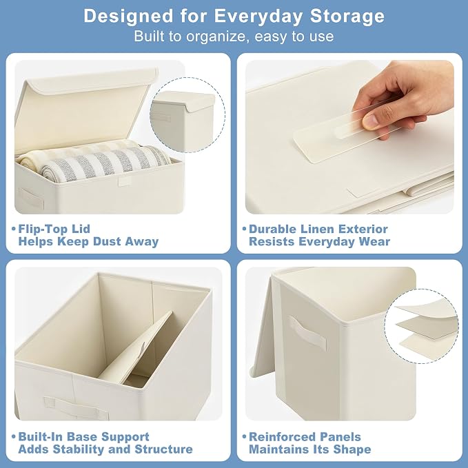 Bagnizer Large 22 Quart [4-Pack] Linen Fabric Foldable Storage Bin Cube Organizer Basket with Flip-Top Lid & Handles, Clothes Blanket Box for Home, Office, Closet (14.6 x 9.5 x 9.5, Beige)