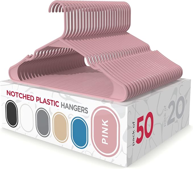 Sharpty Plastic Hangers Clothes Hangers for Clothing, Closet, Coats & Shirts - Notched, Durable, Space Saving - for Everyday Standard Use, Room Essentials & Basics - 50 Pack - Pink