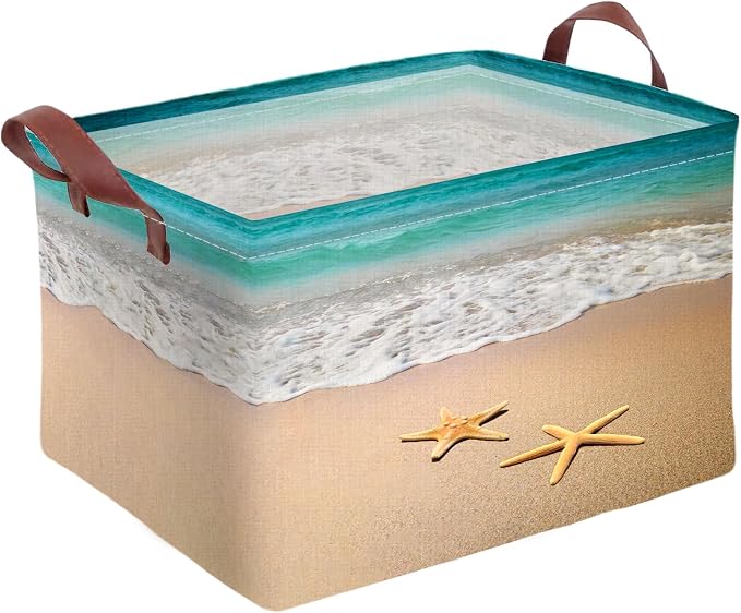 Beach Starfish Storage Basket Waterproof Canvas Toy Storage Bin Beach Room Decor Collapsible Outdoor Basket with Leather Handles Beach Decor Blanket Baskets For Closets,Bedrooms,Gifts Baskets