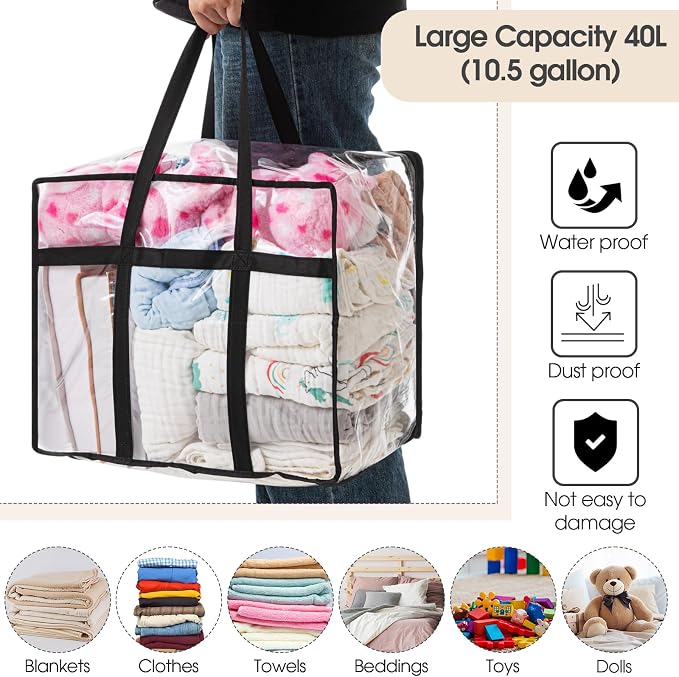 6 PCS Clear PVC Zippered Storage Bags 40L Plastic Closet Organizers and Storage Containers Foldable Moving Bags with Reinforced Handles for Bedding, Blankets, and Seasonal Clothes(Black)