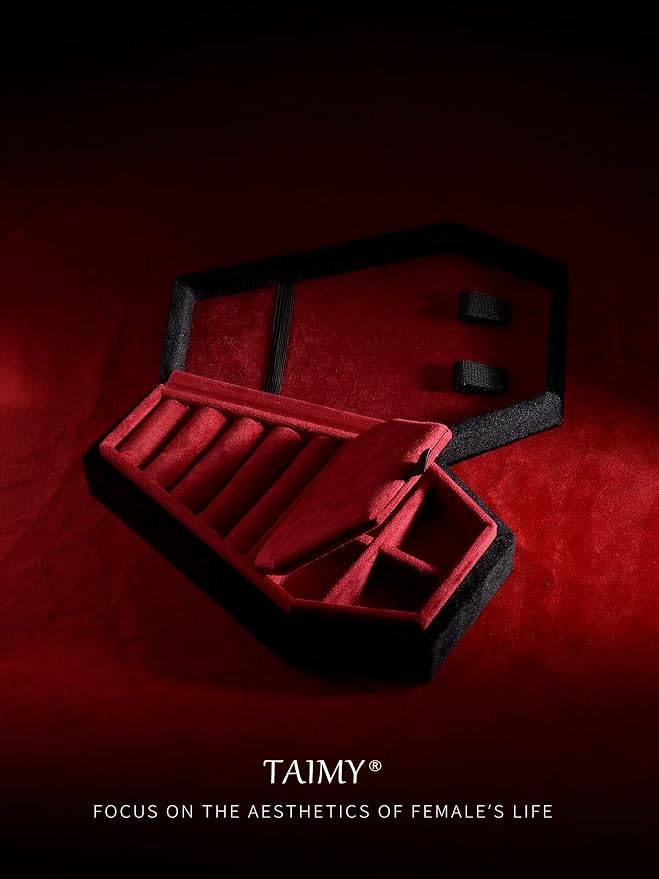TAIMY Coffin Jewelry Box, Mini Coffin Shaped Gothic Jewelry Case, Plush Velvet Small Jewelry Organizer for Earrings Rings Necklaces Bracelets(Black-Red)