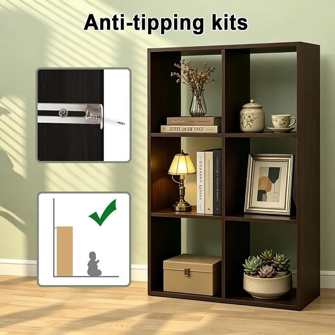 6 Cube Shelf with Anti-Tipping Kits + Reversible Open Back Bookcase, Multi Layer and Multi Grid Partition Layout (Chocolate 11in) | 2026, Anti-Tipping Kits, Reversible Open Back, Multi Layer Multi Grid Partition Layout