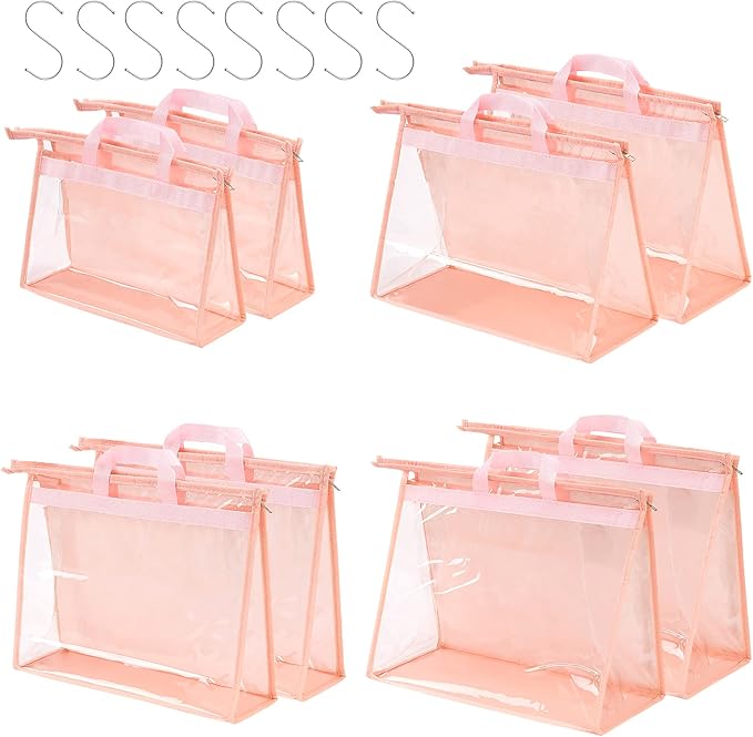 Handbag Dust Bags Clear Purse Storage Organizer for Closet Small to Extra Large Handbags Dust Free Bags Hanging Zipper Storage Bag with Hooks, (Pink, 4 Sizes-8PCS)