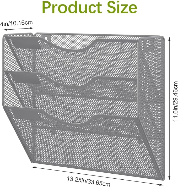 EasyPAG 3 Pocket Mesh Wall File Organizer, Hanging Paper Folder Holder with Classify Label, Vertical Wall Mount Mail Organizer for Office Home Classroom, Silver