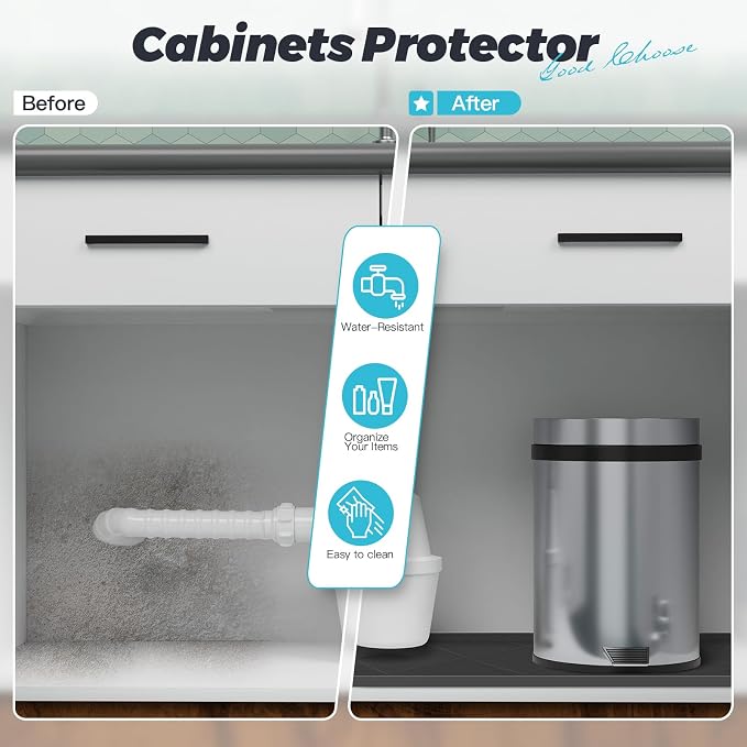 HUUSMOT Under Sink Mat 34" x 22", Extra Thick Waterproof Silicone Liner, Cabinet Protector Tray Organizer for Kitchen (Black)