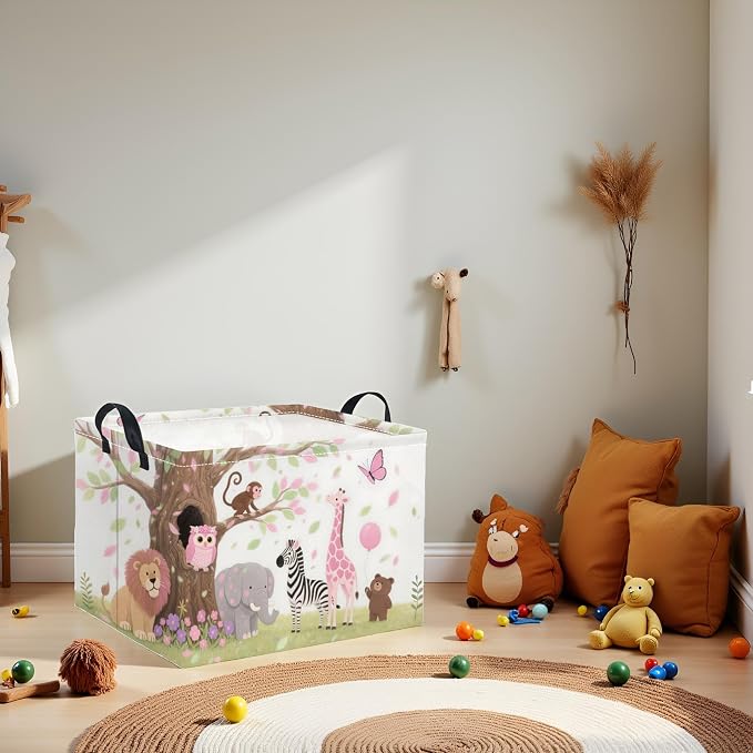 Rectangular Baby Kids Storage Basket for Home Kitchen Girls Cute Storage Bin Organizer Shelf Book Room Decor(Pink Animal)
