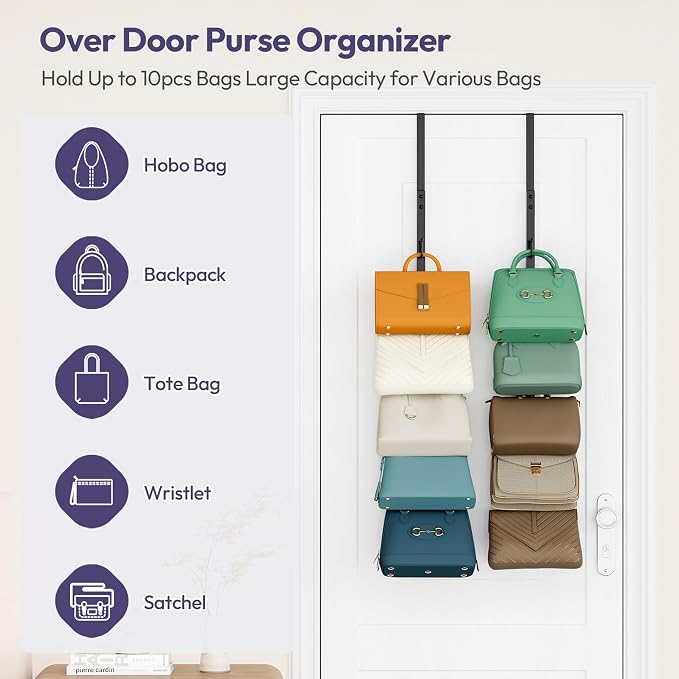 SWTYMIKI Over the Door Purse Organizer - 2 Packs Wall Mounted Purse Rack with 5 Hooks Design, Hanging Handbag Organizer Storage Holds up to 10 Bags, Bag Rack for Closet, Door (Black)