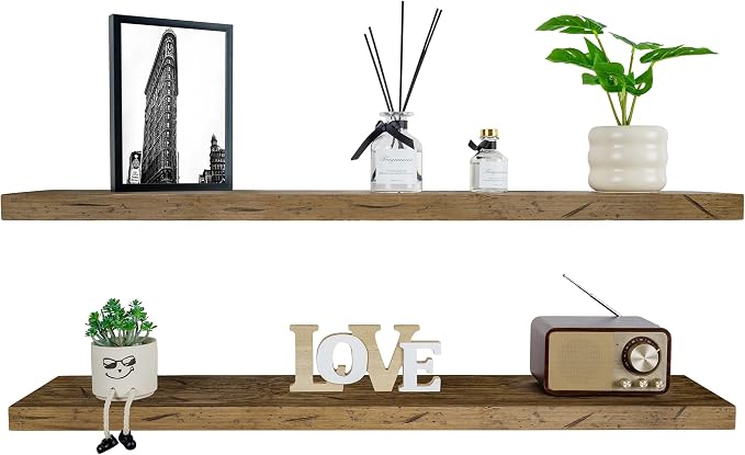 BGMG Floating Shelves 42 inch Long, Distressed,Wide Rustic Wooden Wall Shelves for Bathroom Living Room Bedroom Kitchen Farmhouse Set of 2-42x6.7x1.25 inch-Distressed Walnut
