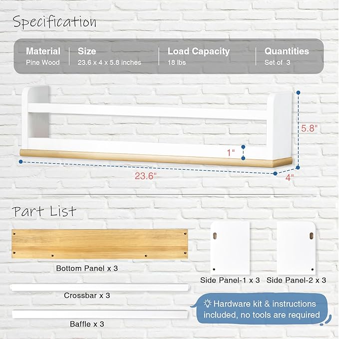 Harwaya Floating Nursery Book Shelves for Wall, 24 Inch Long Wall Bookshelf for Kids Room, White and Natural Wood Hanging Bookshelves for Baby Toddler Childrens Kids Bedroom Bathroom (Set of 3)