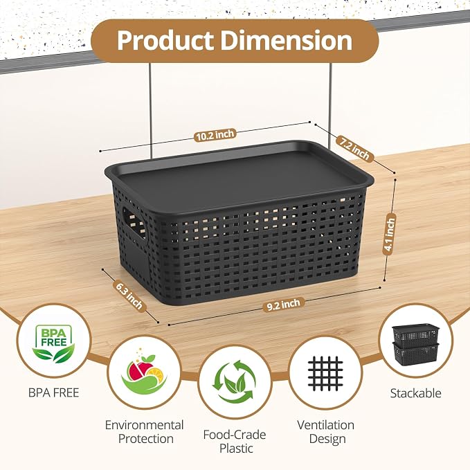Plastic Storage Basket with Lid, Stackable Small Box Bins for Organizing and Containers for Shelves Drawers Desktop Closet Playroom Pantry Classroom Office Home, 8 Pack 10.2x7.2x4.1 Inch, Black