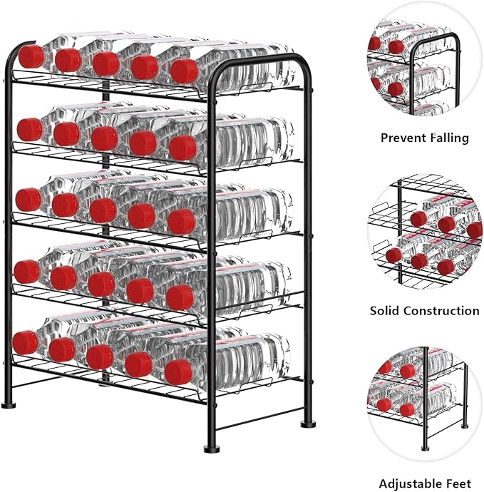 OYEAL Plastic Water Bottle Storage Rack 5 Tier Bottled Water Holder Organizer Freestanding Floor Small Beverage Soda Drink Stand Shelf for Kitchen Pantry Can Storage, Hold 30 Bottles, Black
