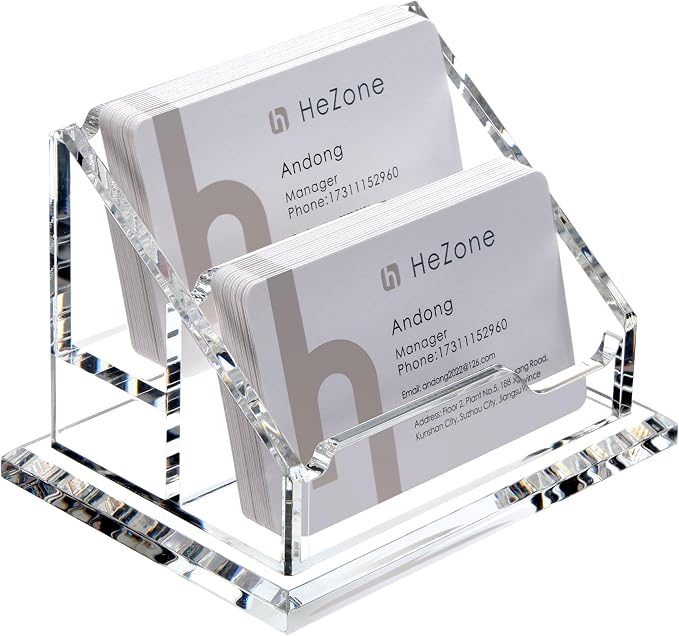 HeZone Acrylic Business Card Holder For Desk Clear Business Card Display Stand 2 Tier 2 Slots Business Cards Holders for Men And Woman, Organize 100 Cards-1 Pack (2 Solt-H)