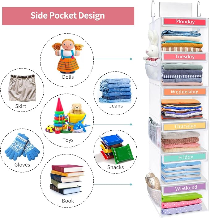Fixwal Weekly Kids Clothes Organizer 6-Shelf Hanging Closet Storage White