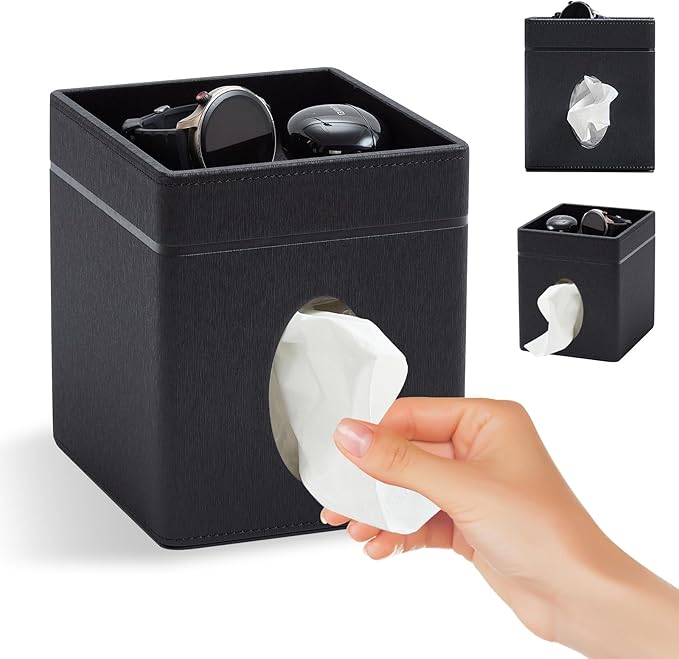 Square Tissue Box Cover Holder with Tray for Kleenex/Puffs Cubes | Gift-Ready for Entryways/Vanities | Stardust Black/Polar Ice/Liquid Iridium | Patented Metal-Look PU Leather-Stardust Black
